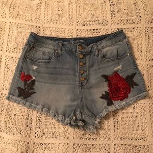 Blue jean button fly shorts with flower detail size 17